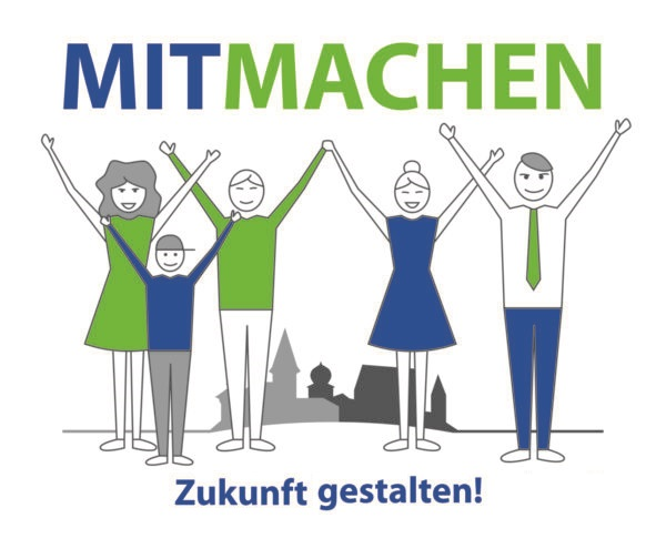 Logo mit Menschengruppe vor einer Ortschaft: Mitmachen - Zukunft gestalten